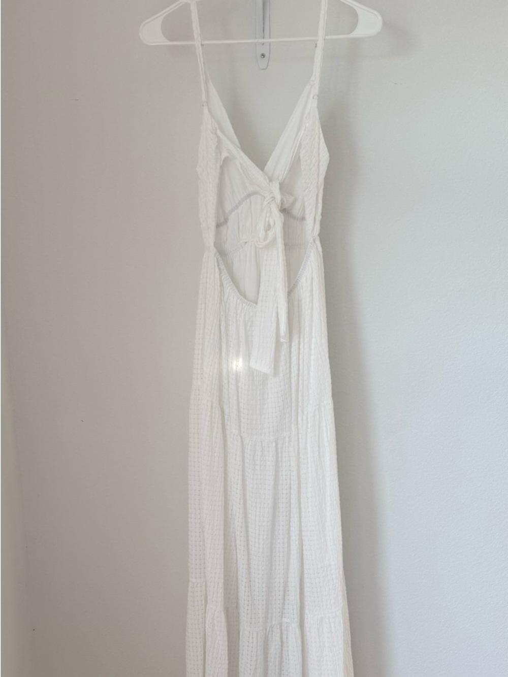 White flowy Maxi Deep V-Neck Small Dress Textured Cottagecore Boho Beach Bridal - Picture 5 of 7